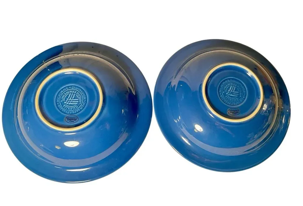 Longaberger Pottery Woven Traditions Cornflower Blue 9” Individual Pasta Bowls.
